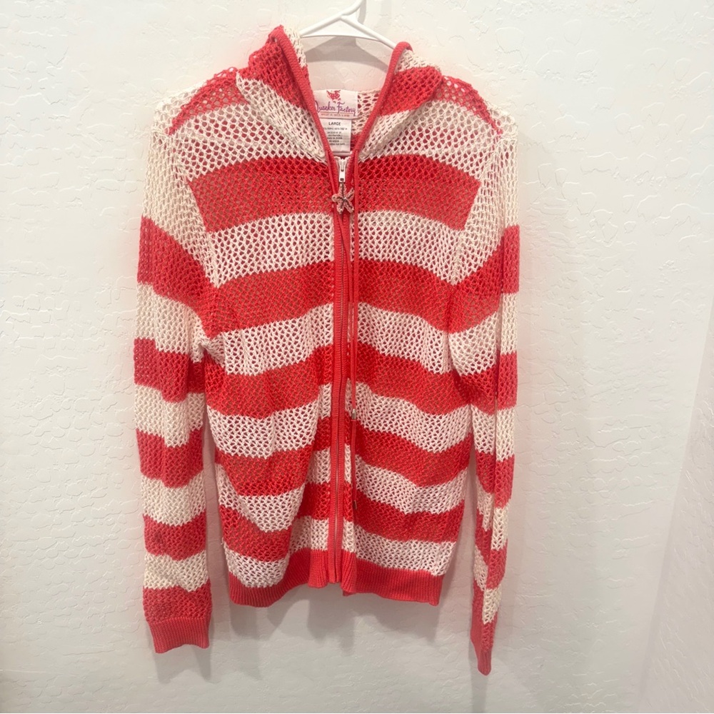 Quacker Factory Zip Up Hooded Mesh Jacket Large Beach Cover Up Pink White Stripe